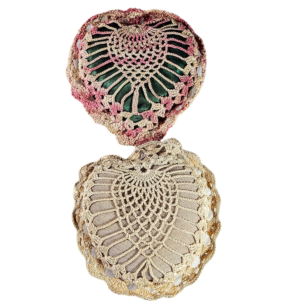 Vintage Hand Crocheted Heart Pin Cushions Cottage Chic Art Deco 20s 30s